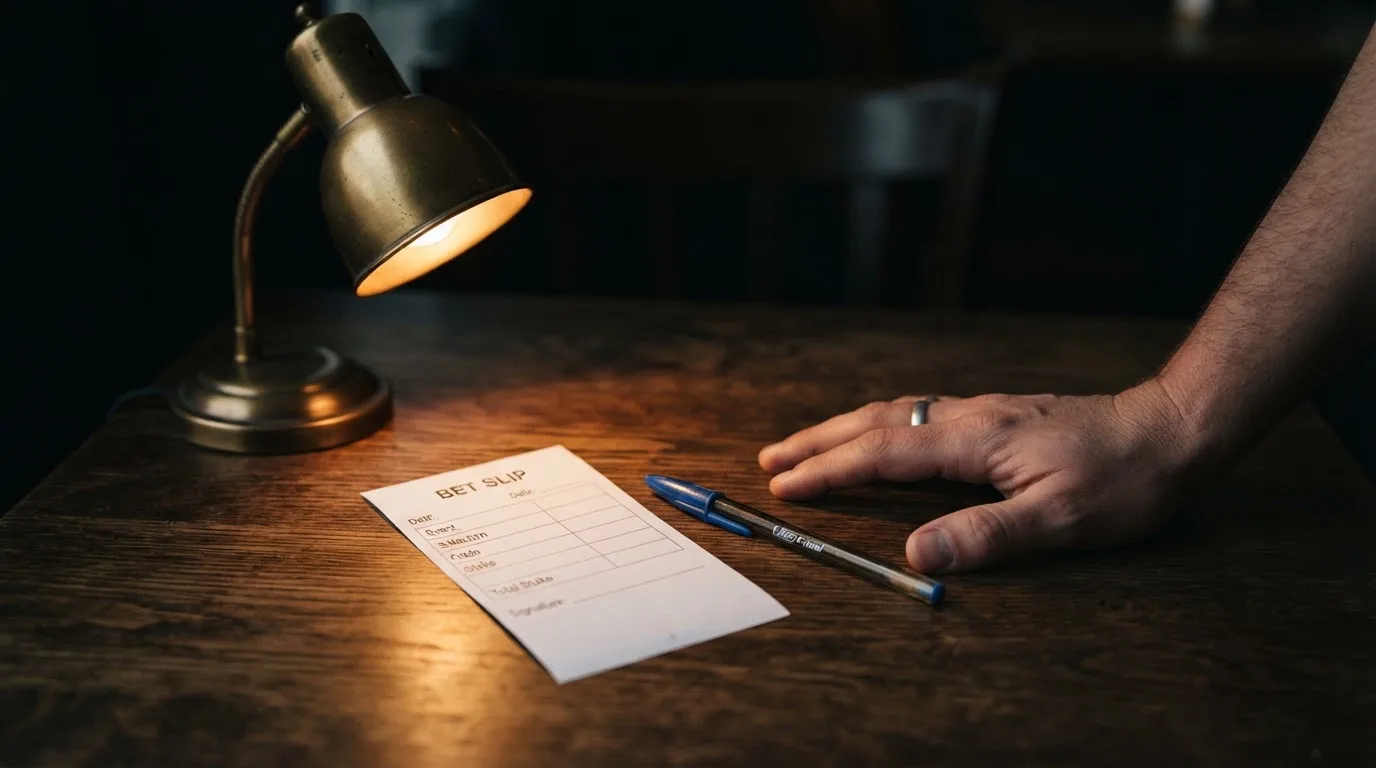 Ein leerer Wettschein aus Papier und ein Kugelschreiber liegen auf einer Tischplatte neben einer kleinen Tischlampe.