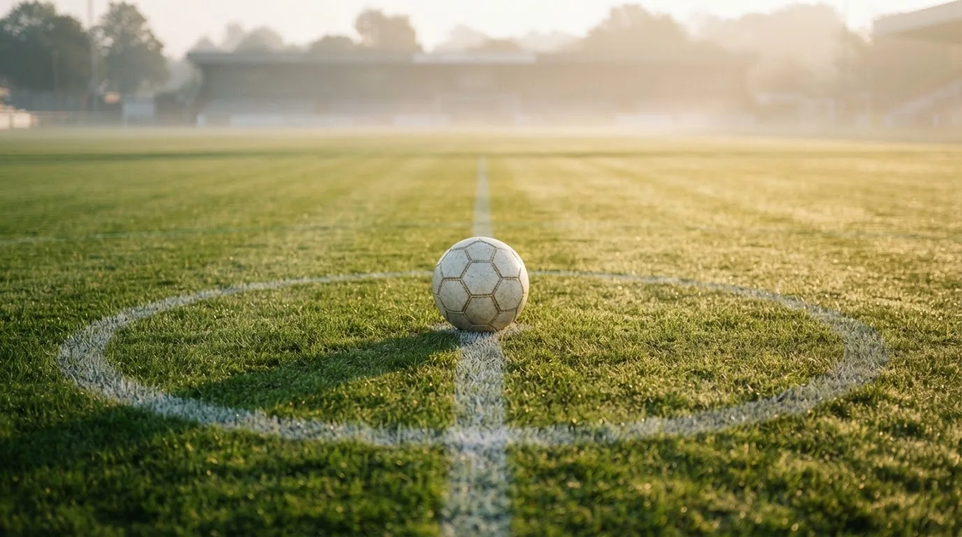 Ein Fußball liegt auf dem Anstoßkreis eines leeren Rasenplatzes im Licht der Morgensonne.
