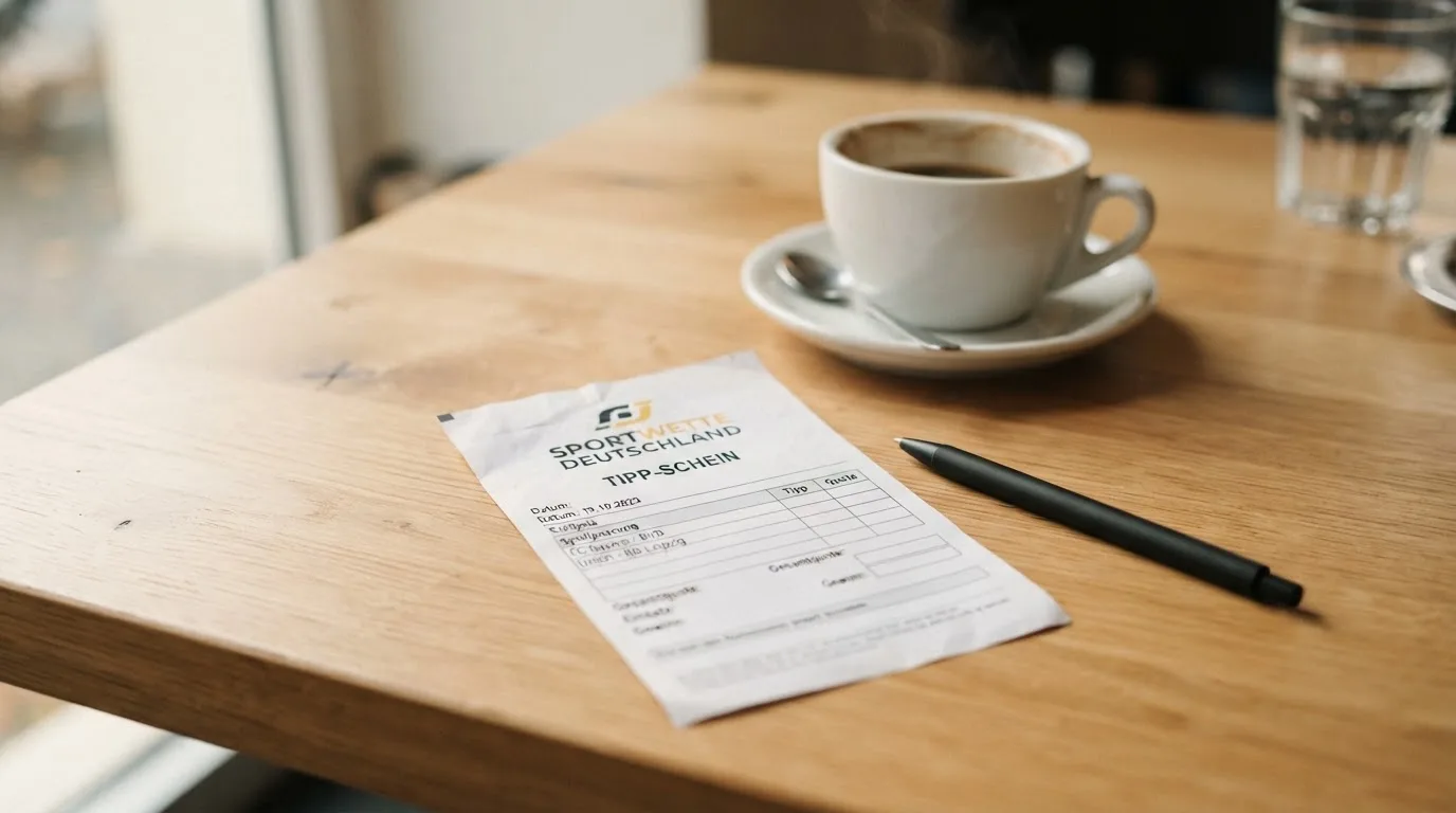 Ein leerer Wettschein aus Papier liegt neben einem Kugelschreiber und einer Tasse auf einem hellen Holztisch.