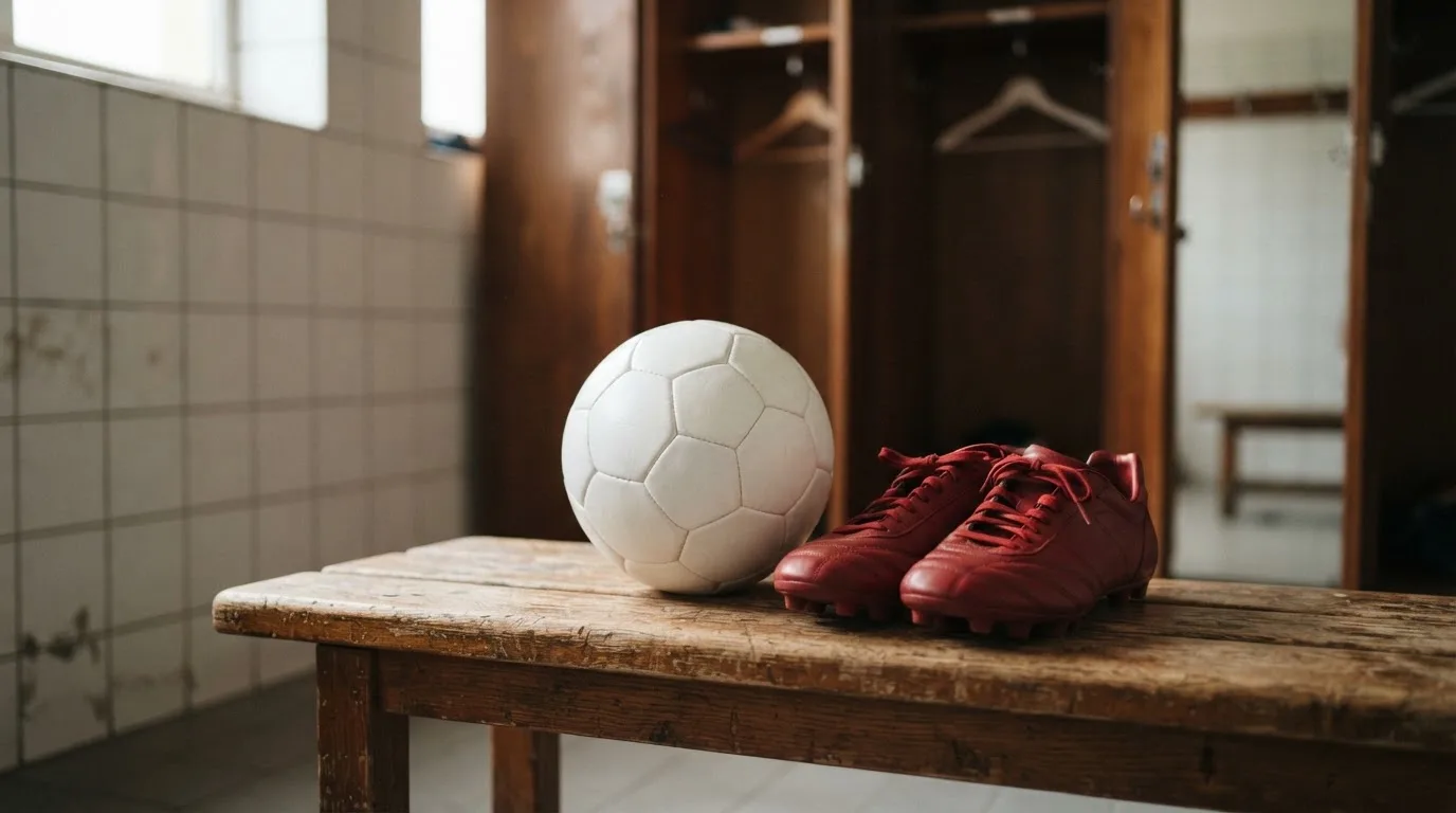 Ein Fußball liegt neben einem Paar Fußballschuhen ohne Markenzeichen auf einer Holzbank in einer leeren Umkleide.