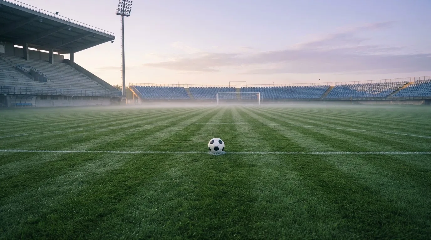 Ein Fußball liegt auf dem Anstoßpunkt eines leeren Rasenplatzes in der Morgendämmerung, im Hintergrund eine leere Tribüne.