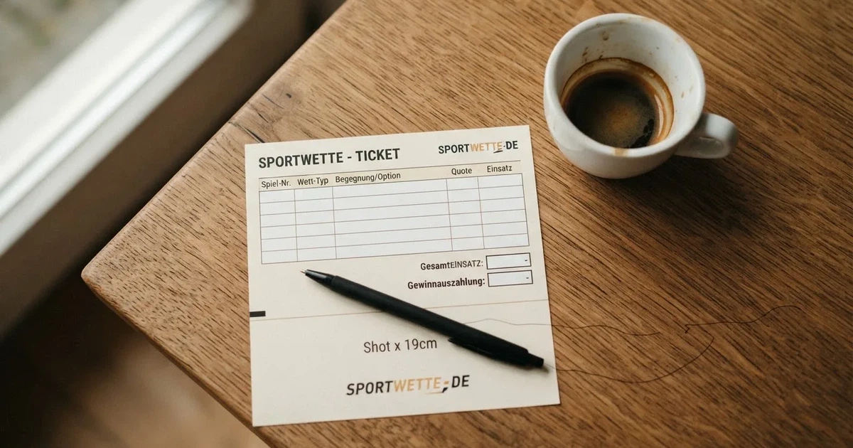 Ein leerer Wettschein aus Papier liegt neben einem Kugelschreiber und einer Tasse Kaffee auf einem Tisch, Aufnahme von oben.