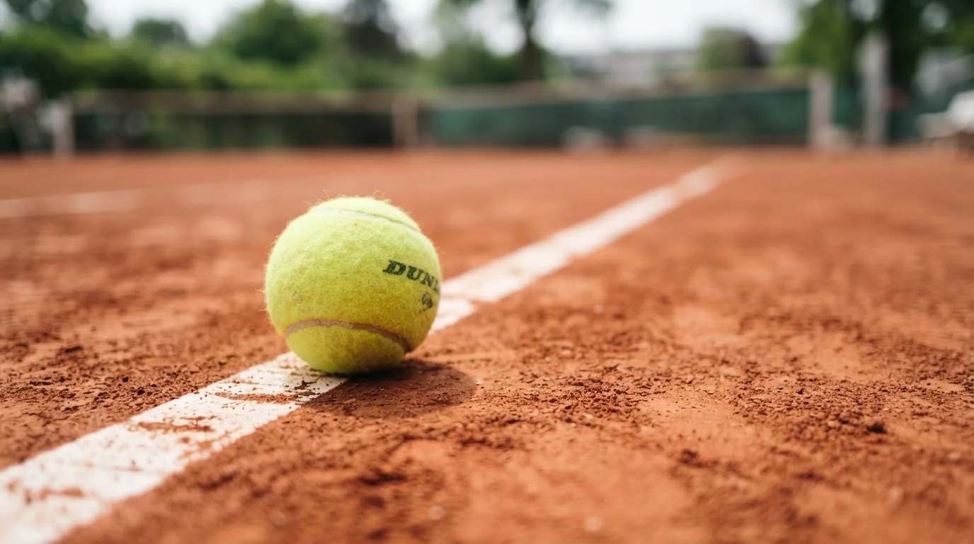 Ein einzelner Tennisball liegt auf rotem Sand neben einer weißen Linie, geringe Schärfentiefe.