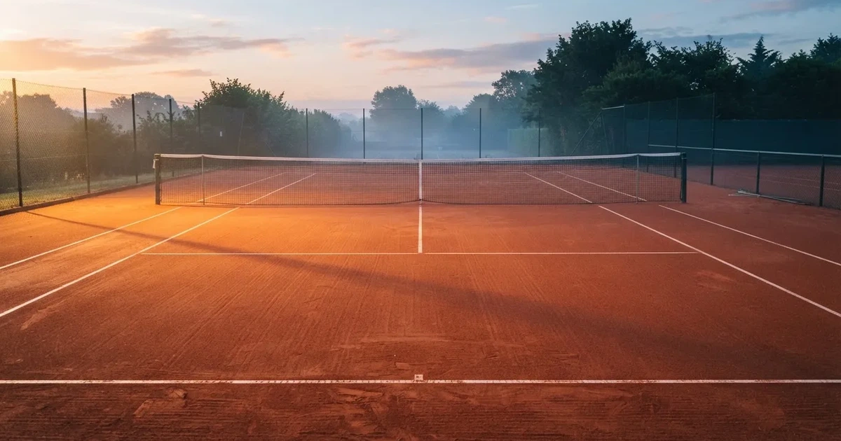 Ein Sandplatz im frühen Morgenlicht, frisch gewalzt, mit weißen Linien und einem Netz im Hintergrund, keine Menschen.