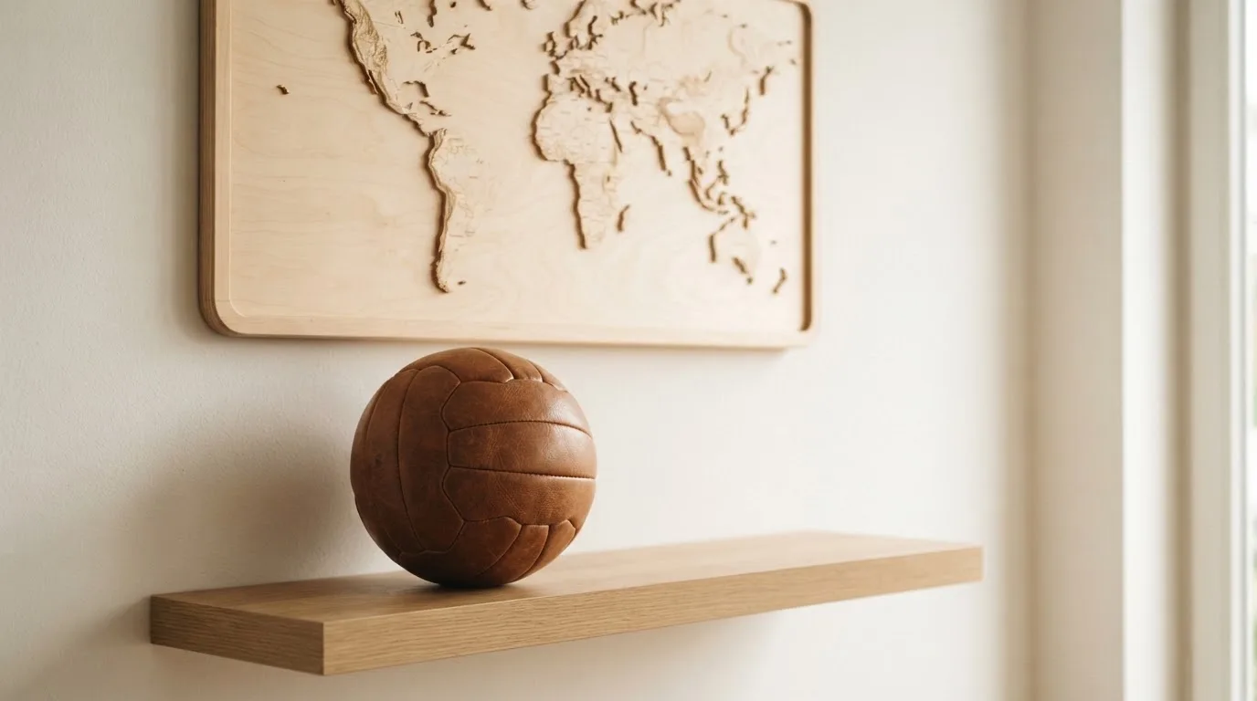 Eine Weltkarte aus Holz hängt an einer Wand, davor liegt ein Fußball auf einem Regal, ohne erkennbare Beschriftung.