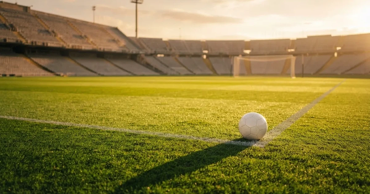 Ein Fußballplatz mit frisch gemähtem Rasen im Abendlicht, ein Ball liegt im Strafraum, im Hintergrund unscharf eine leere Tribüne.