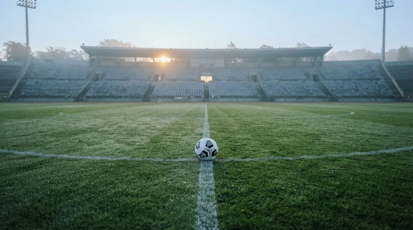 Ein Fußball liegt auf dem Anstoßpunkt eines leeren Rasenplatzes im frühen Morgenlicht, dahinter eine leere Tribüne.