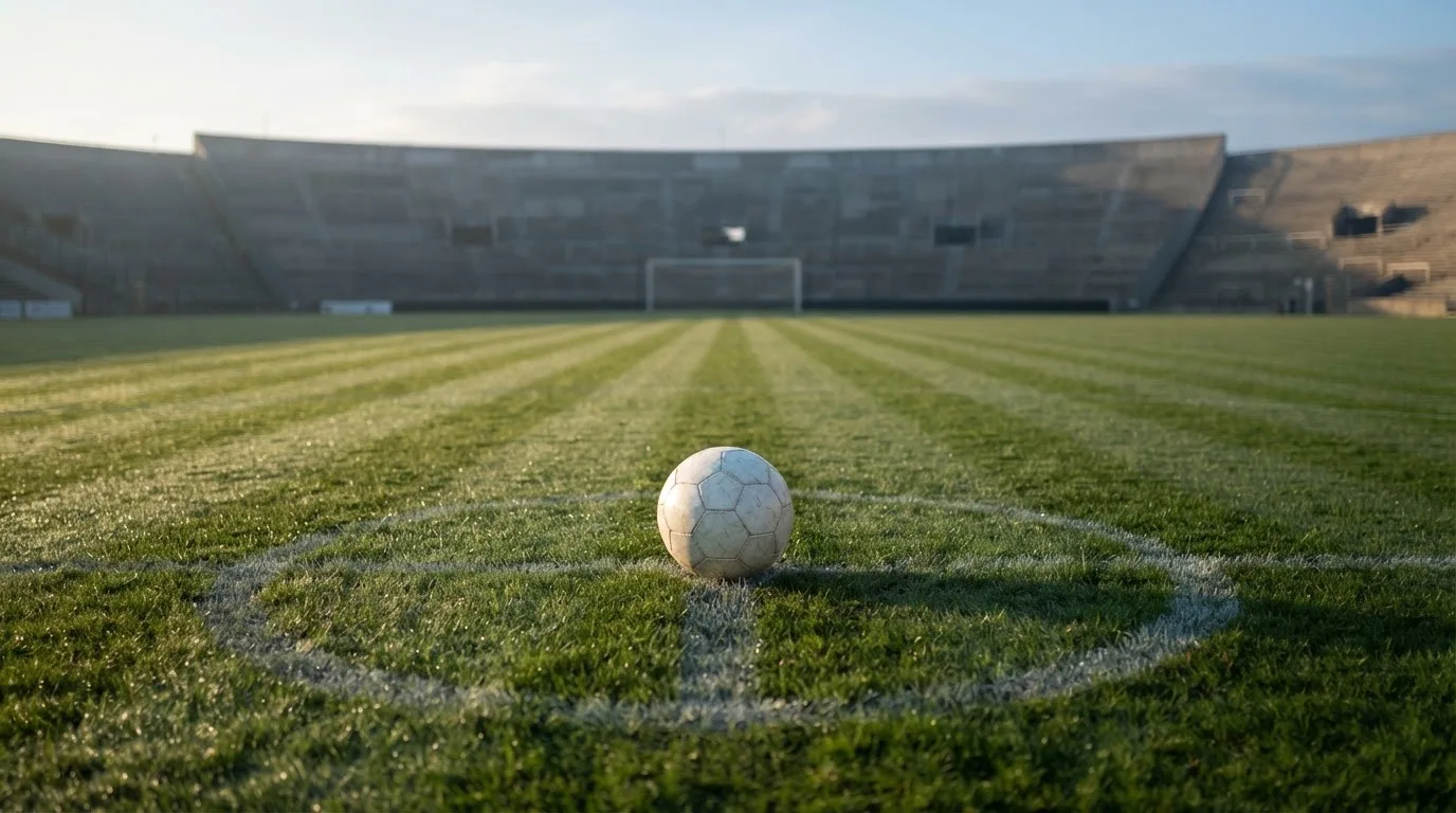Ein Fußball liegt auf dem Anstoßpunkt eines leeren Rasenplatzes im frühen Morgenlicht, dahinter eine leere Tribüne.