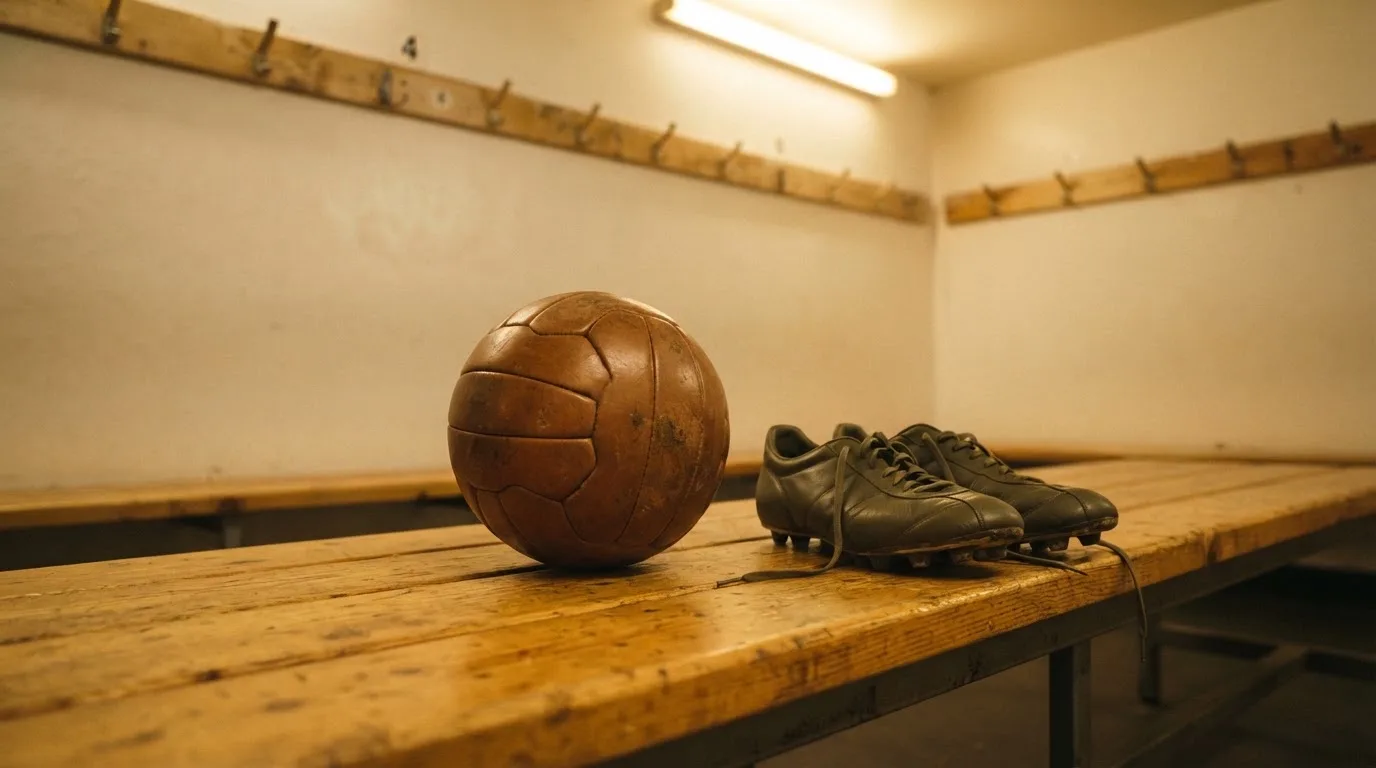 Ein Fußball liegt auf einer Holzbank in einer leeren Umkleide neben einem Paar Fußballschuhen ohne Markenzeichen.