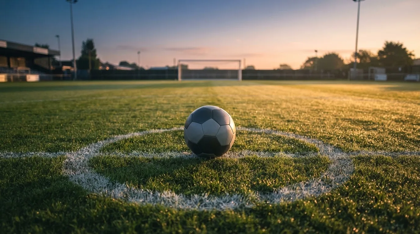 Ein Fußball ruht auf dem Mittelkreis eines leeren Rasenplatzes in der Morgendämmerung, Tau liegt auf dem Gras.