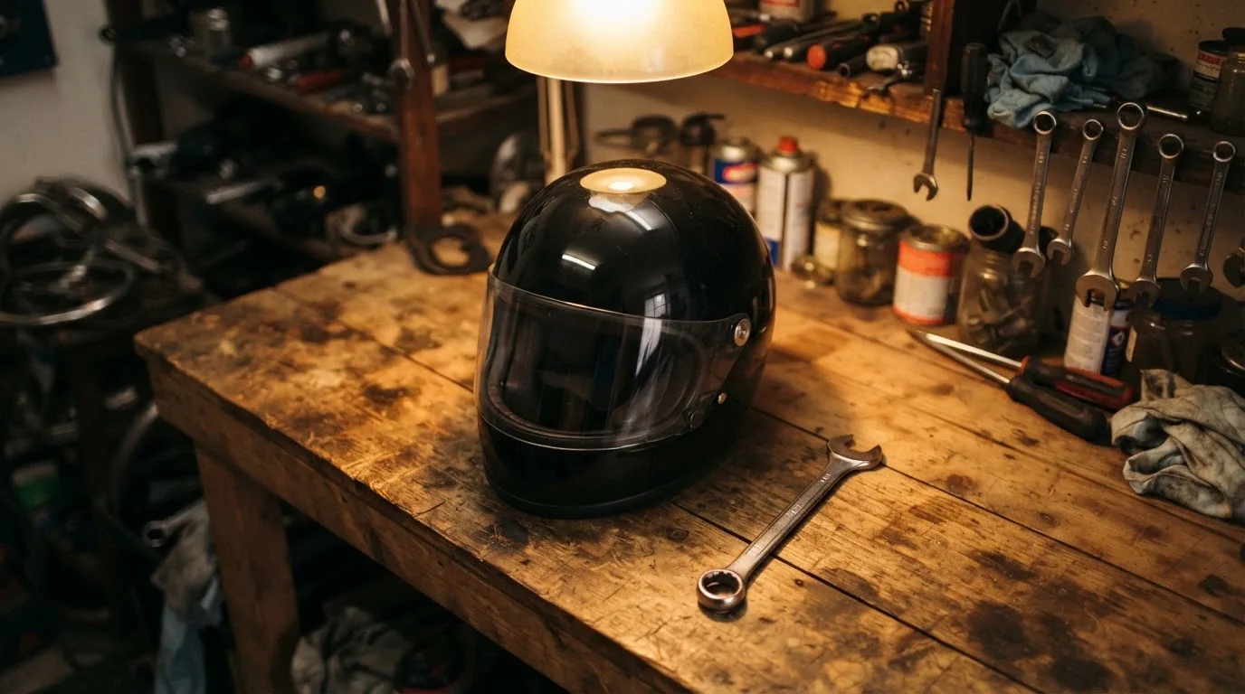 Ein schwarzer Motorradhelm ohne Aufdruck liegt auf einer Werkbank neben einem Schraubenschlüssel, warmes Licht einer Werkstatt.