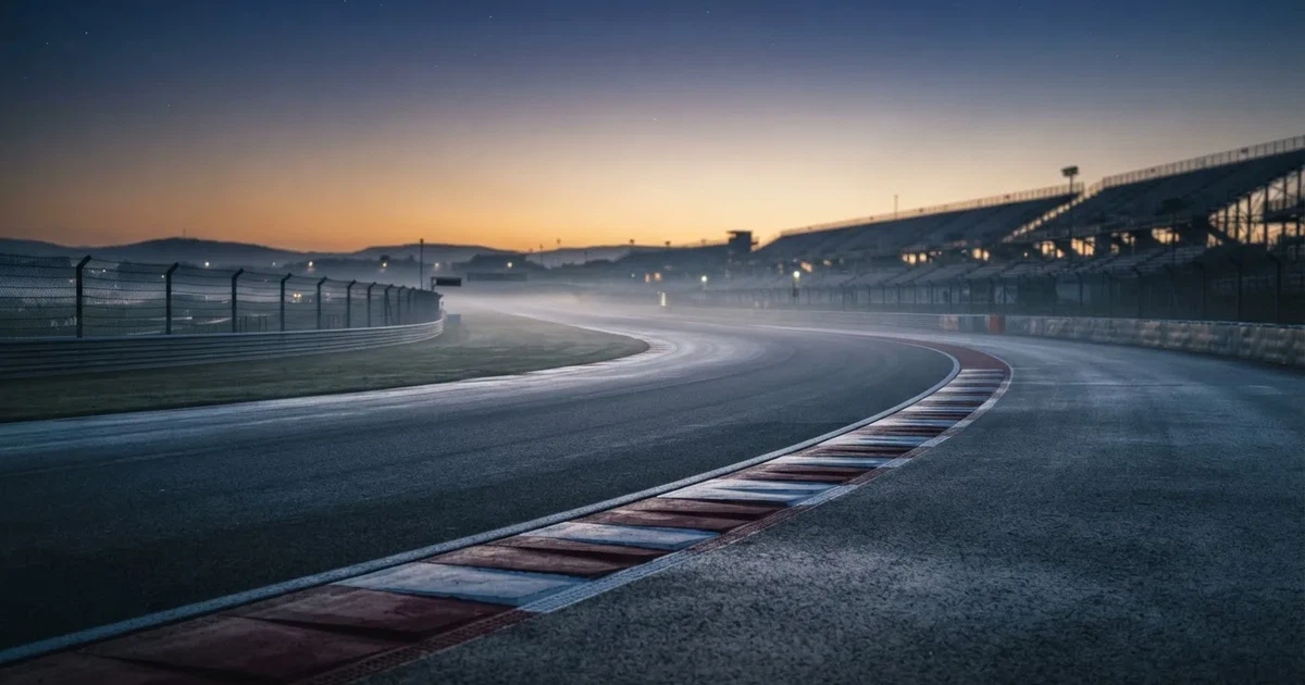 Eine leere Rennstrecke mit rot-weißen Randsteinen im frühen Morgenlicht, auf dem Asphalt liegt dünner Nebel, keine Fahrzeuge.