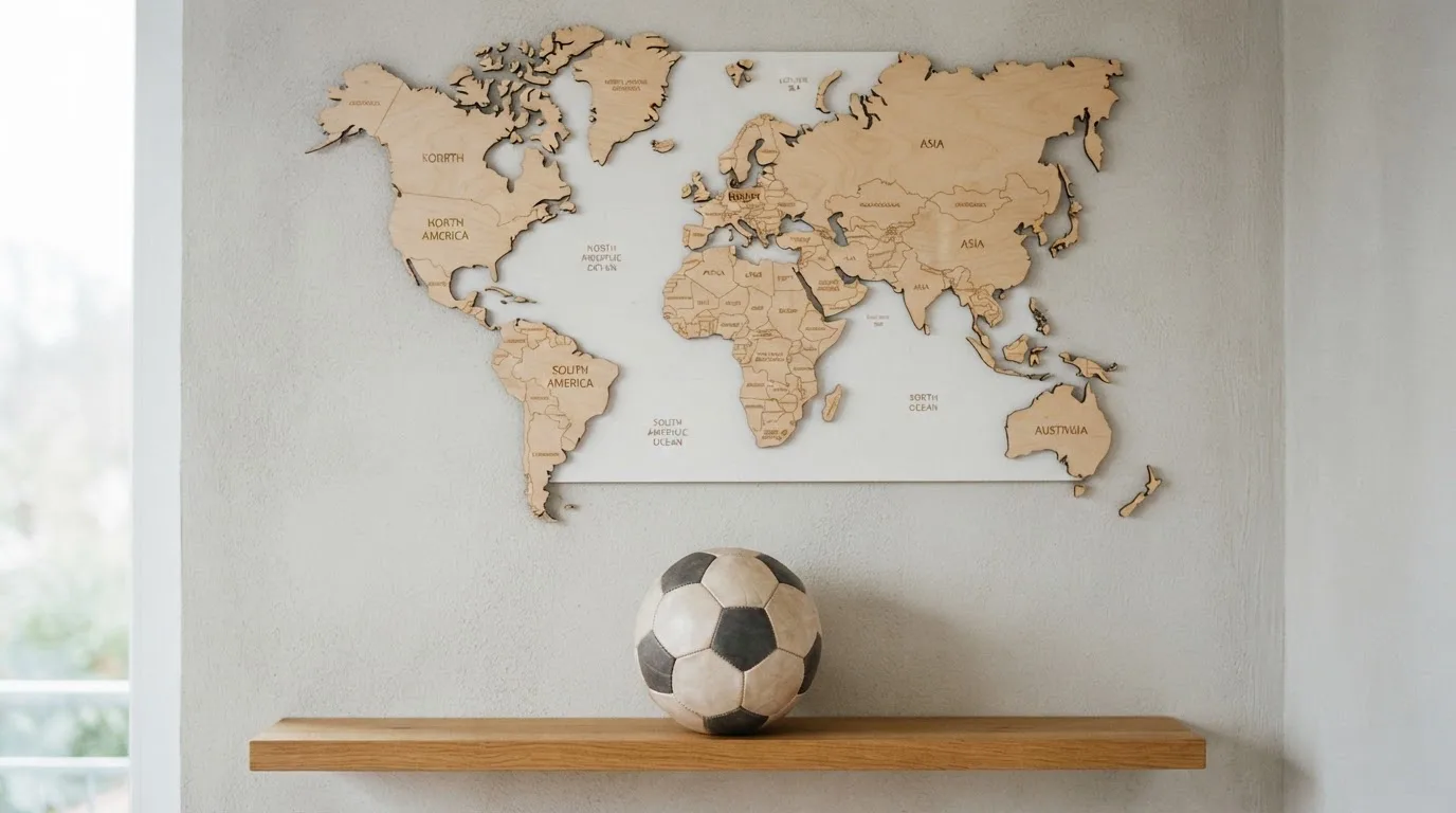 Eine Weltkarte aus Holz hängt an einer Wand, davor liegt ein Fußball auf einem Regal, ohne erkennbare Beschriftung.