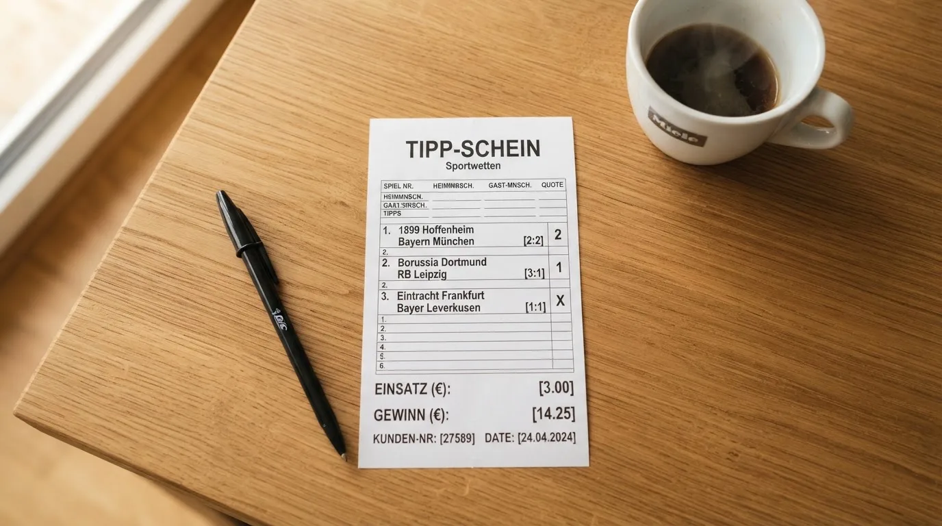 Ein leerer Wettschein aus Papier liegt neben einem Kugelschreiber und einer Tasse Kaffee auf einem Holztisch, Aufnahme von oben.