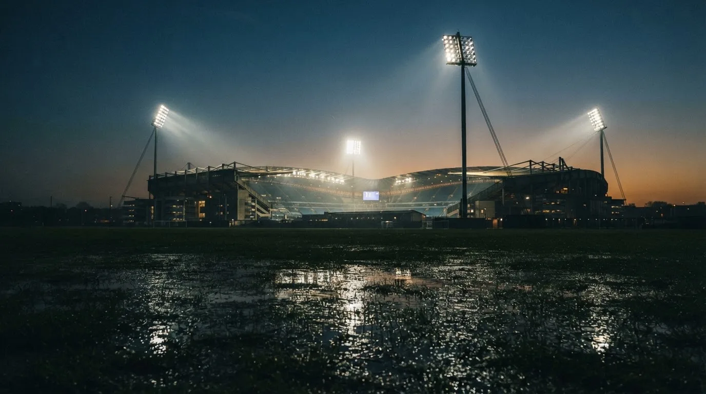 Ein großes Stadion unter Flutlicht, aus der Ferne über eine dunkle Wiese gesehen, die Lichtmasten spiegeln sich im Dunst der Abenddämmerung.