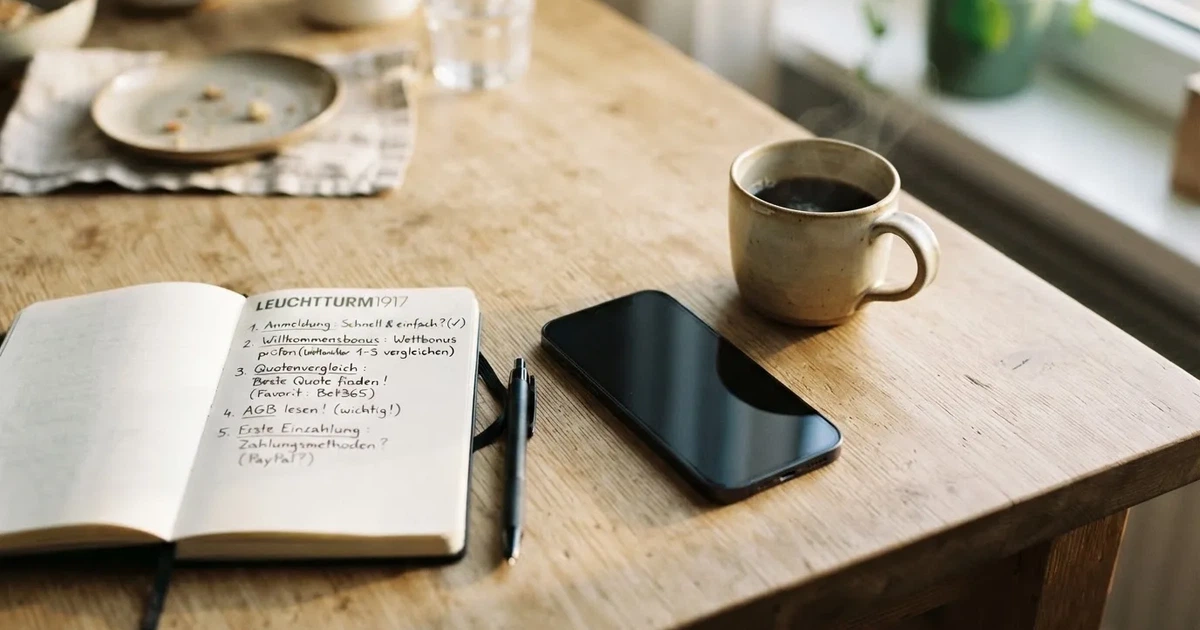 Ein Smartphone mit dunklem Display liegt neben einem Notizbuch mit handschriftlichen Notizen auf einem hellen Holztisch, daneben eine Tasse Kaffee im Morgenlicht.