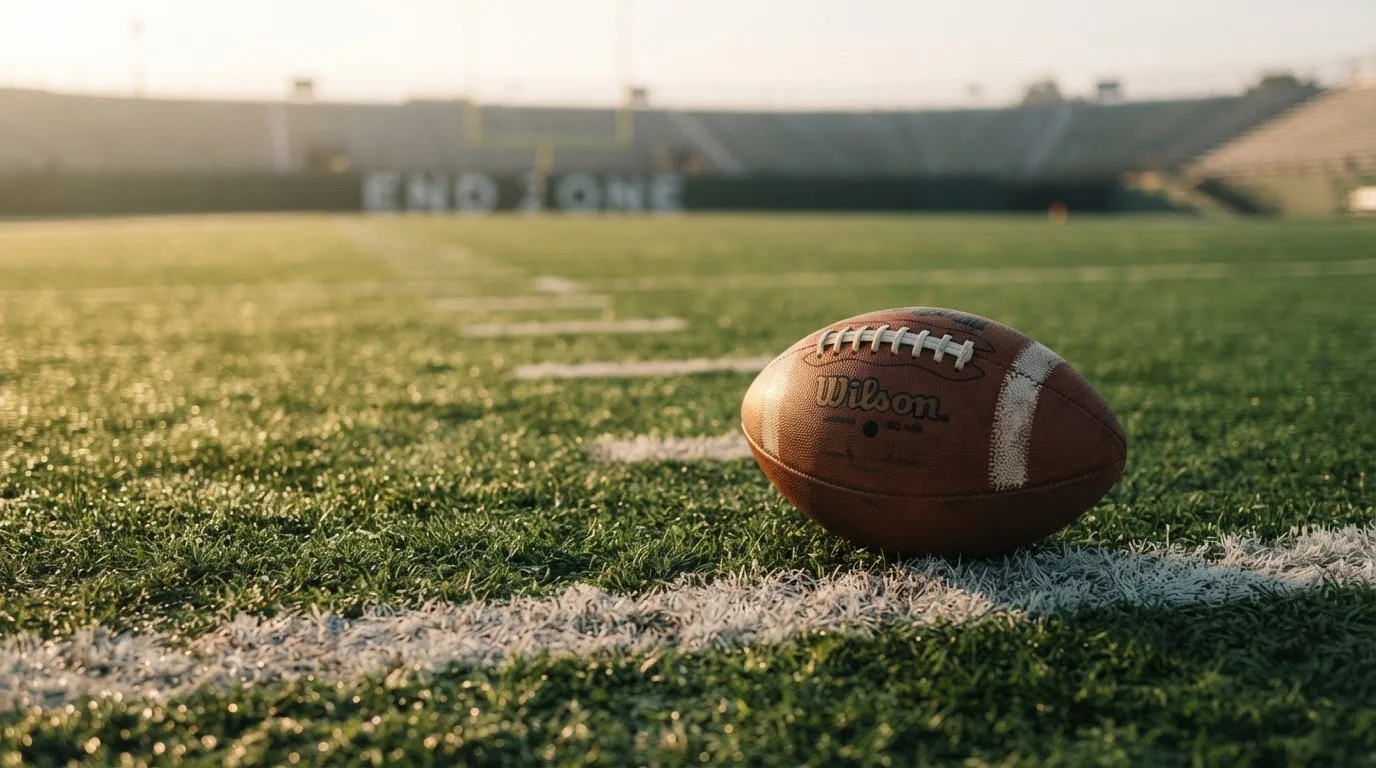 Ein ovaler Lederball mit heller Schnürung liegt auf dem Rasen vor der Endzone, Tau auf dem Gras im ersten Morgenlicht.