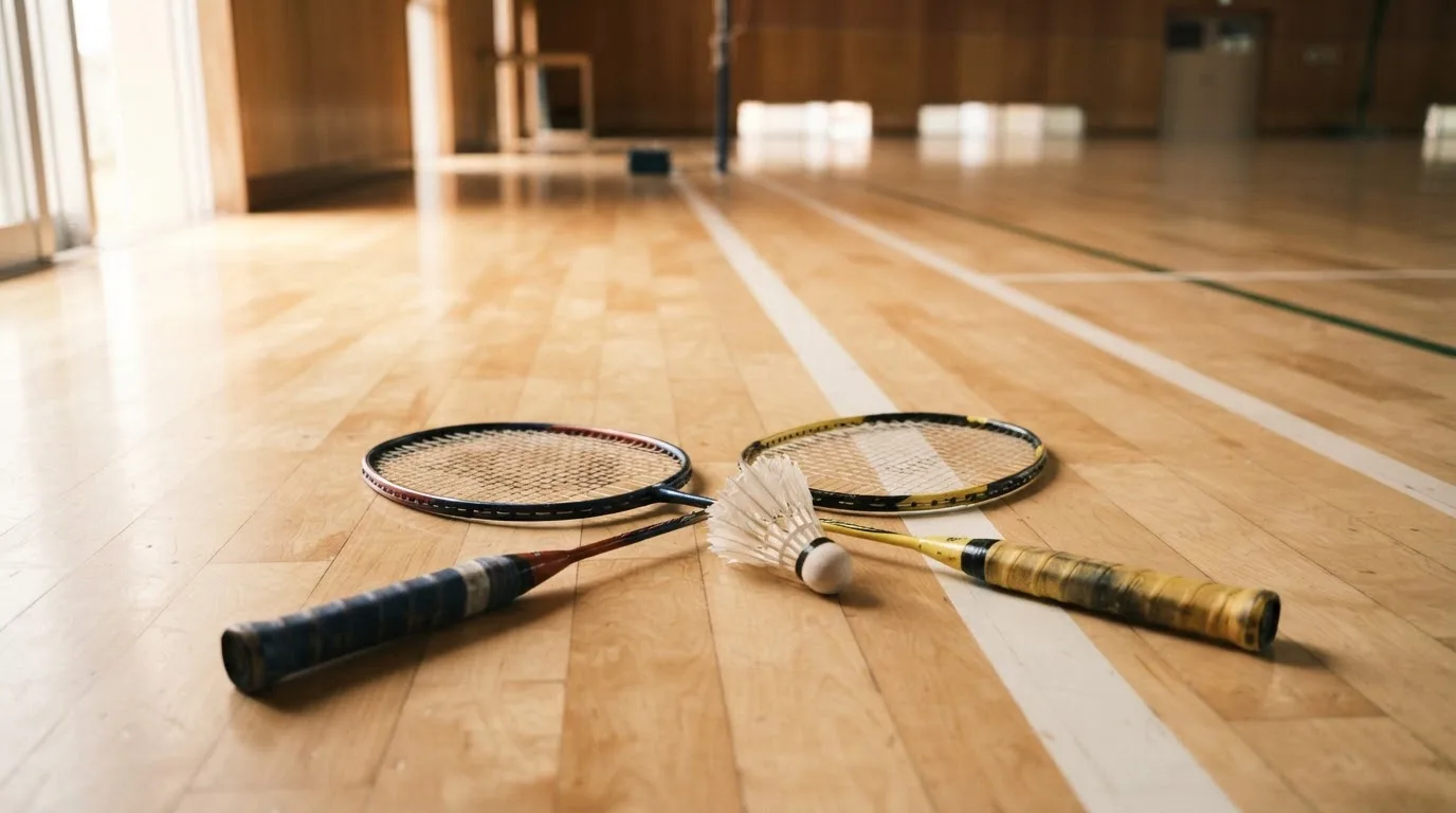Zwei Badmintonschläger und ein Federball liegen auf einem Holzboden neben der Seitenlinie, weiches Licht fällt von der Seite ein.