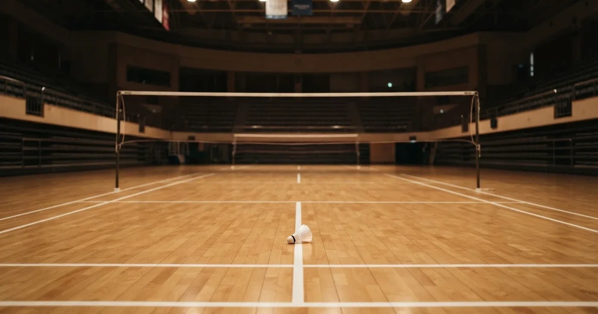 Eine leere Badmintonhalle mit gespanntem Netz und hellen Hallenlichtern, ein Federball liegt auf dem Hallenboden.