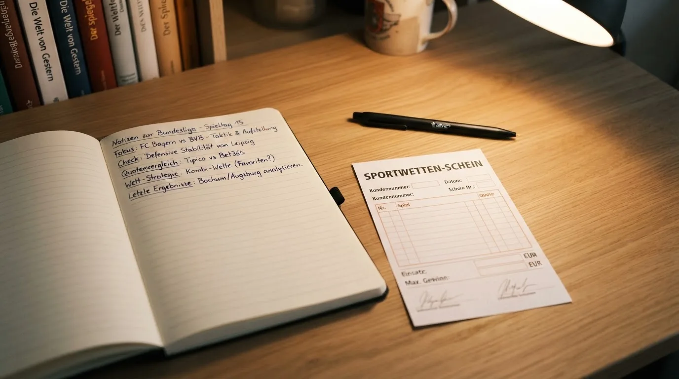 Ein leerer Papierwettschein und ein Kugelschreiber auf einer glatten Schreibtischplatte, daneben ein aufgeschlagenes Notizbuch mit handschriftlichen Notizen.