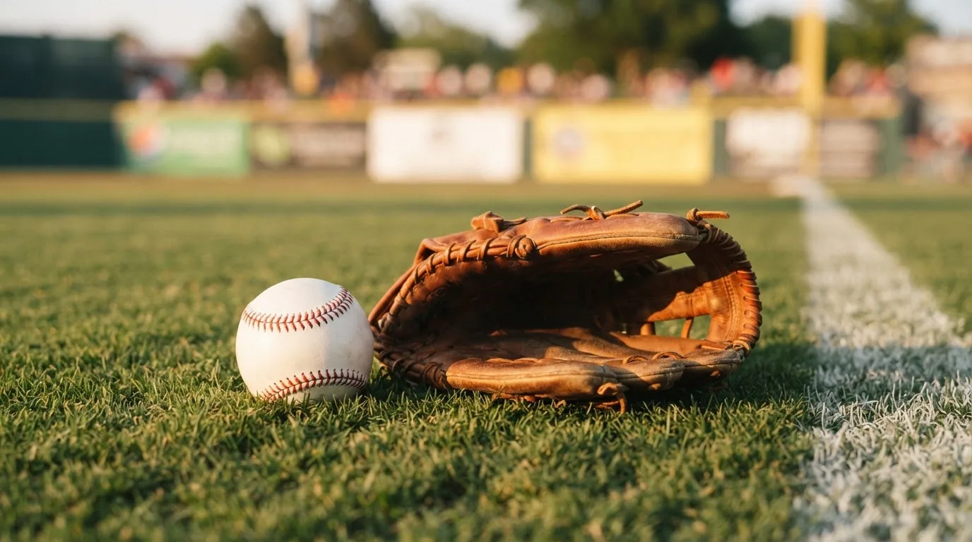 Ein weißer Baseball und ein Lederhandschuh liegen auf kurz geschnittenem Gras, im Hintergrund eine verschwommene Spielfeldbande.