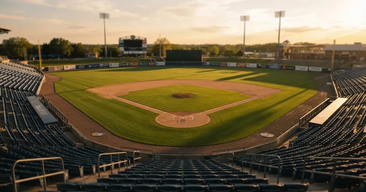 Ein Baseballfeld mit dem hellbraunen Infield und gepflegtem Rasen, von der Tribüne aus gesehen, die Ränge leer, tiefe Abendsonne.