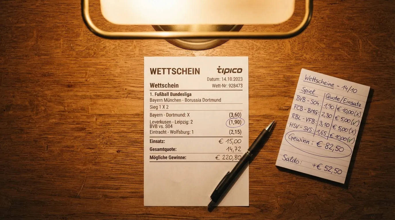 Ein leerer Papierwettschein, ein Kugelschreiber und ein Taschenrechner liegen auf einem Holztisch, warmes Licht einer Schreibtischlampe.