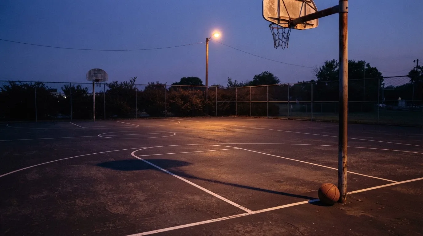 Ein Freiluft-Basketballplatz am Abend mit Asphalt, Linien und zwei Körben unter einer Straßenlaterne.