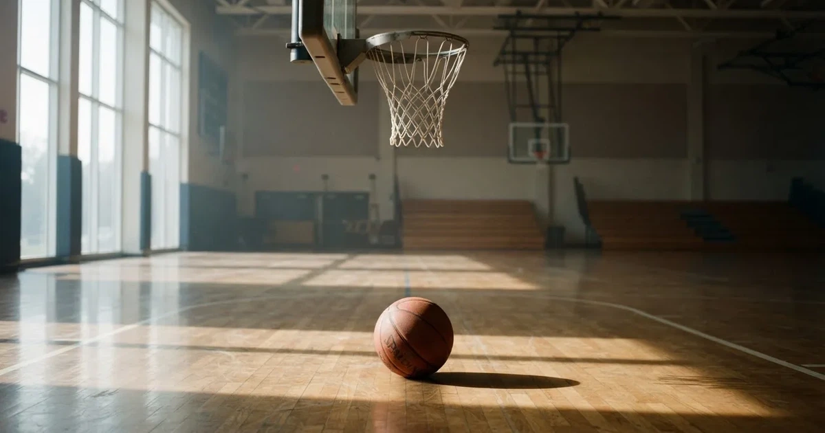 Ein Basketball liegt unter dem Korb auf dem Parkett einer leeren Sporthalle, Licht fällt durch hohe Fenster.