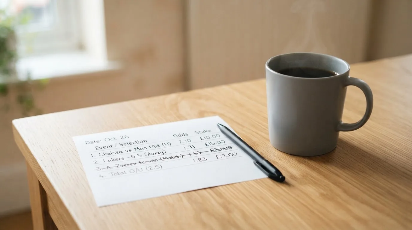 Ein leerer Wettschein aus Papier liegt neben einem Kugelschreiber und einer Tasse auf einem hellen Holztisch.