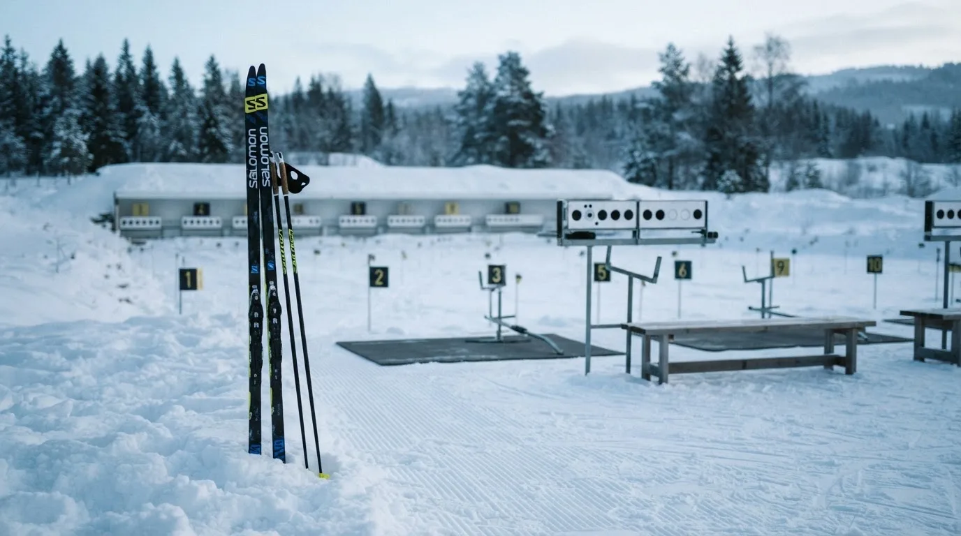 Ein Paar Langlaufskier steckt aufrecht im Schnee neben einem leeren Schießstand mit runden Zielscheiben, kaltes Winterlicht.