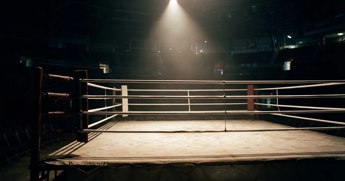 Ein Boxring mit gespannten Seilen in einer leeren Halle, ein einzelner Scheinwerfer leuchtet von oben auf die Ringmatte.