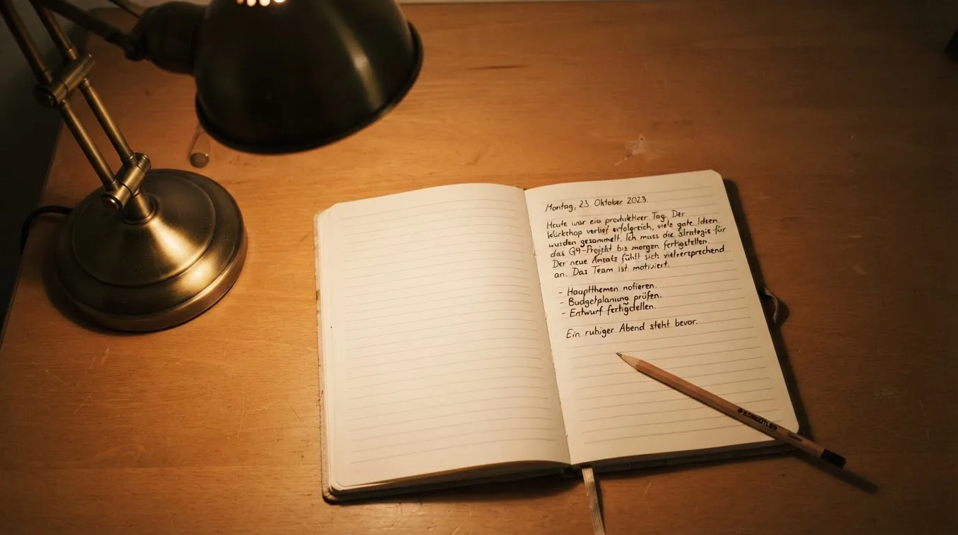 Ein Notizbuch mit handschriftlichen Notizen und ein Bleistift liegen neben einer Tischlampe auf einem Schreibtisch, ruhiges Abendlicht.