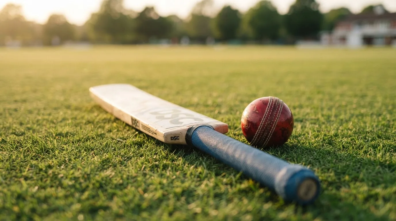 Ein Cricketschläger aus hellem Holz und ein roter Lederball liegen auf kurzem Rasen, weiches Abendlicht.