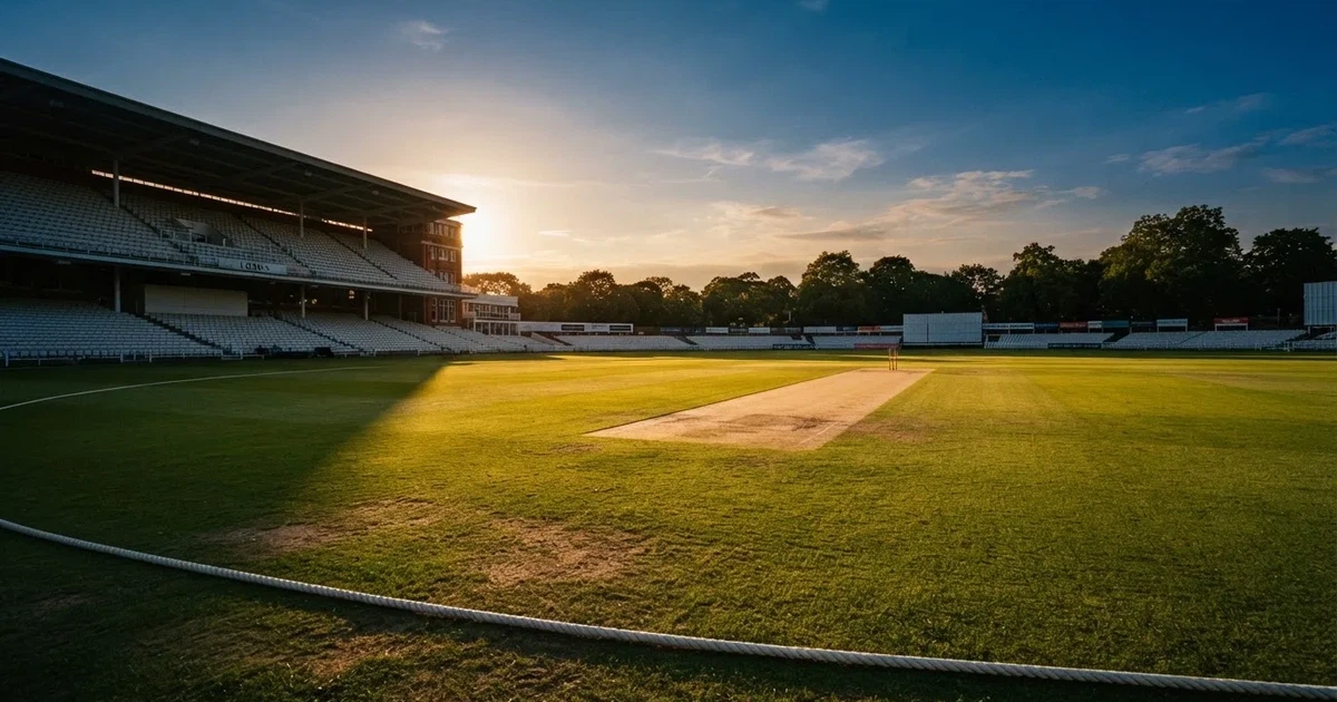 Ein weites grünes Cricketfeld mit einem hellen Streifen in der Mitte, tief stehende Sonne, im Hintergrund eine leere Tribüne.