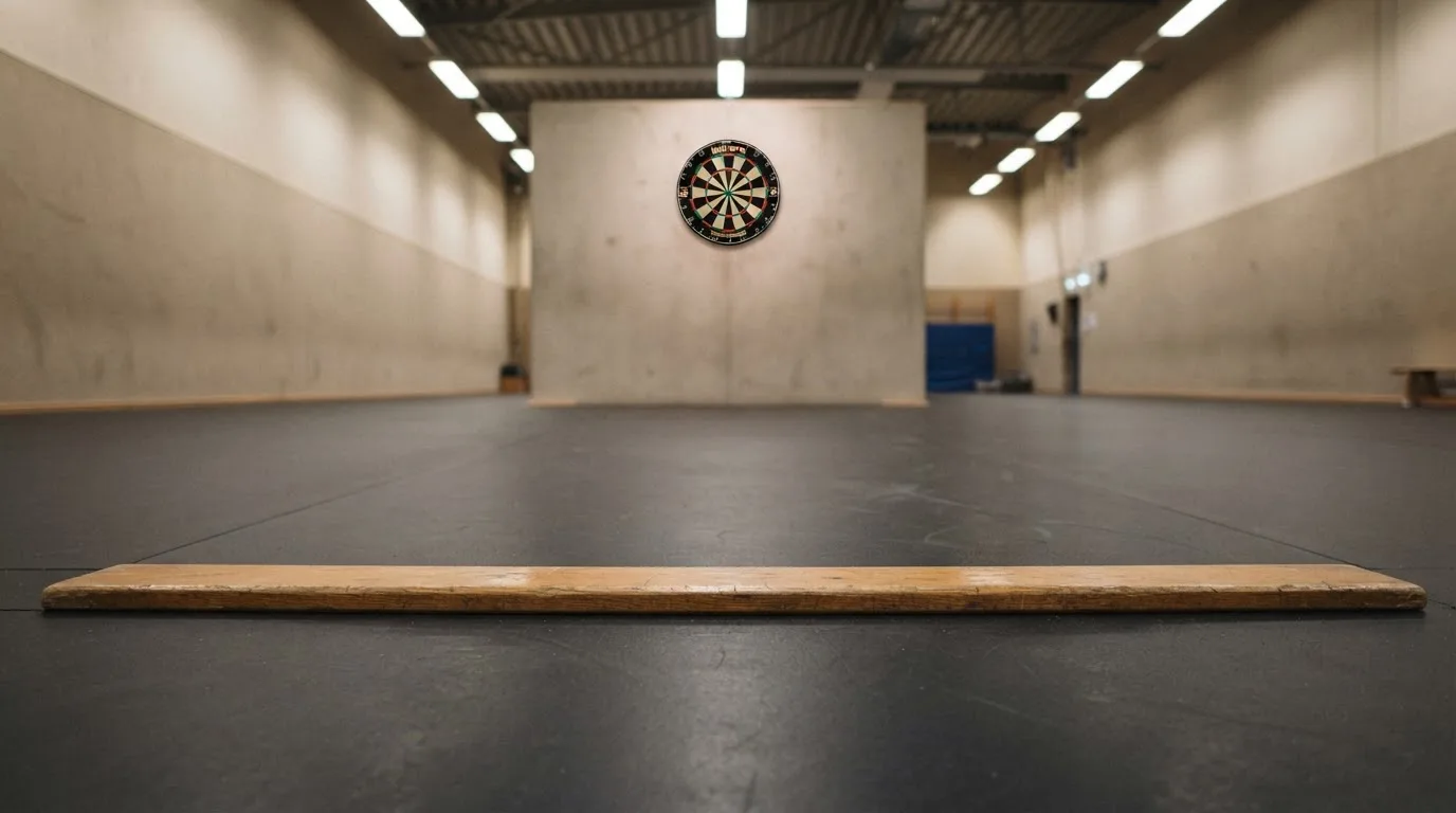 Eine Wurflinie aus Holz auf dem Hallenboden, im Hintergrund in der Ferne eine Dartscheibe an der Wand.