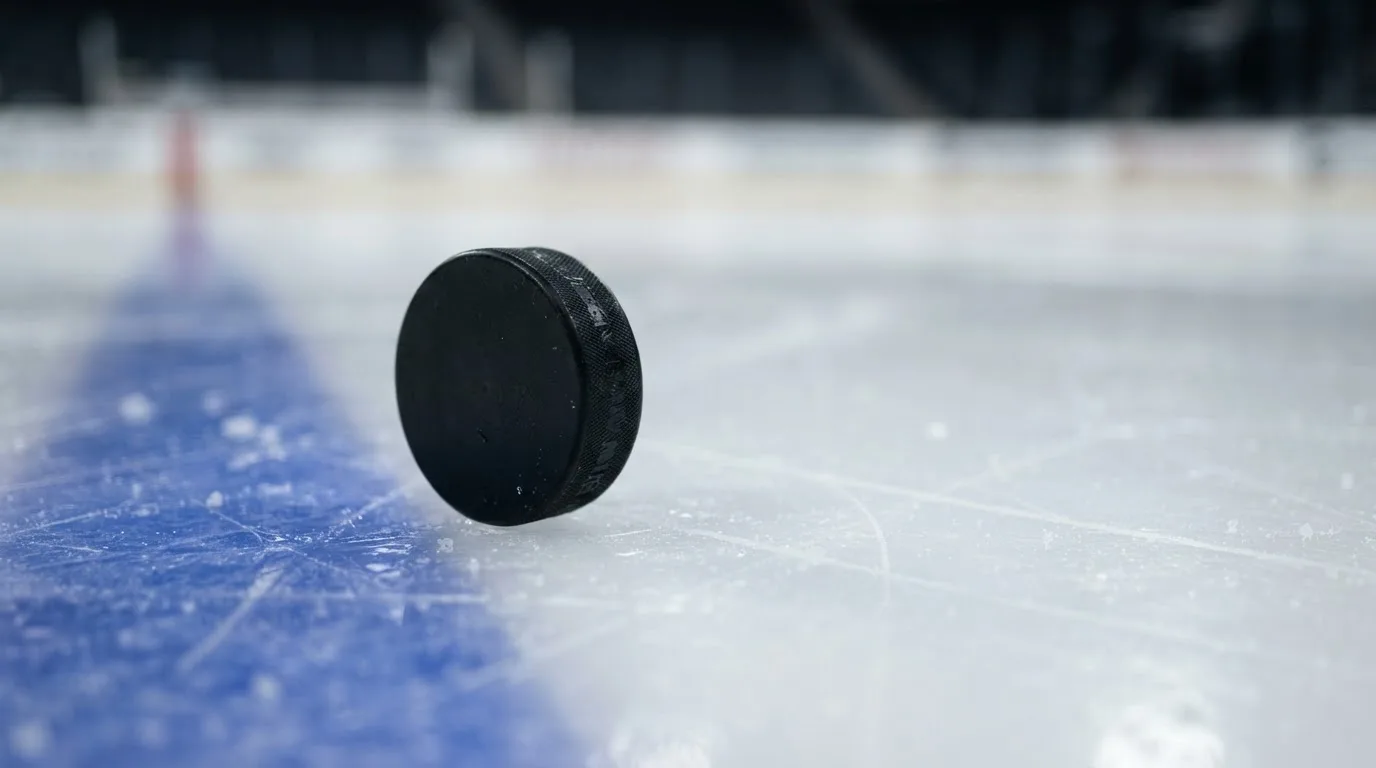 Ein schwarzer Puck liegt auf frisch aufbereitetem Eis neben der blauen Linie, Lichtreflexe auf der Fläche.