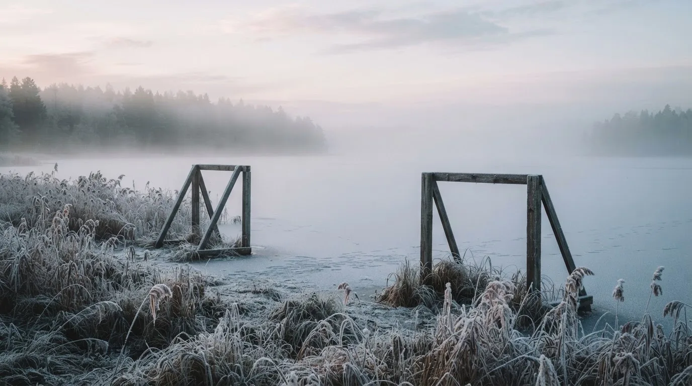 Ein zugefrorener See im Morgennebel mit zwei einfachen Holztoren am Ufer, Raureif auf dem Schilf.