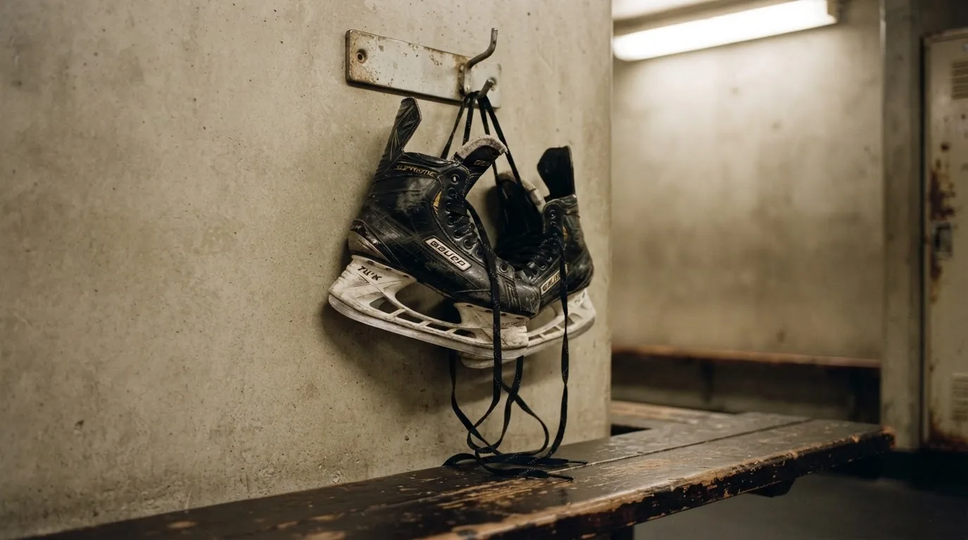 Ein Paar Schlittschuhe hängt an einem Haken in einer Umkleide über einer Holzbank, ruhiges Licht.