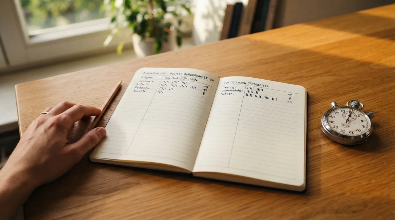 Ein Notizbuch mit handschriftlichen Strichlisten, daneben ein Bleistift und eine Stoppuhr auf einem Holztisch.