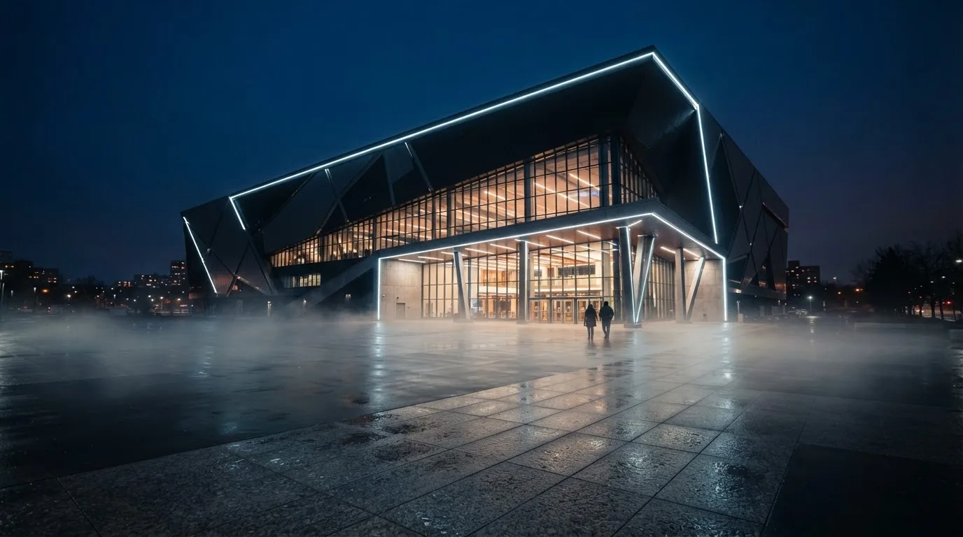 Eine dunkle Arena von außen bei Nacht, beleuchtete Fassade ohne Schriftzug, Nebel über dem leeren Vorplatz.