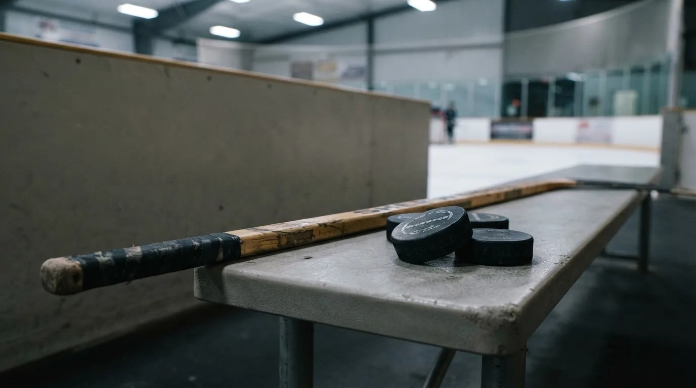 Ein Eishockeyschläger aus Holz und mehrere Pucks liegen auf einer Bank am Spielfeldrand, kühles Hallenlicht.