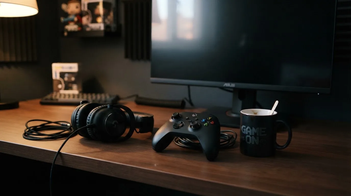 Ein Gamepad und ein Headset liegen auf einem Schreibtisch neben einer Tasse, der Bildschirm im Hintergrund ist ausgeschaltet.