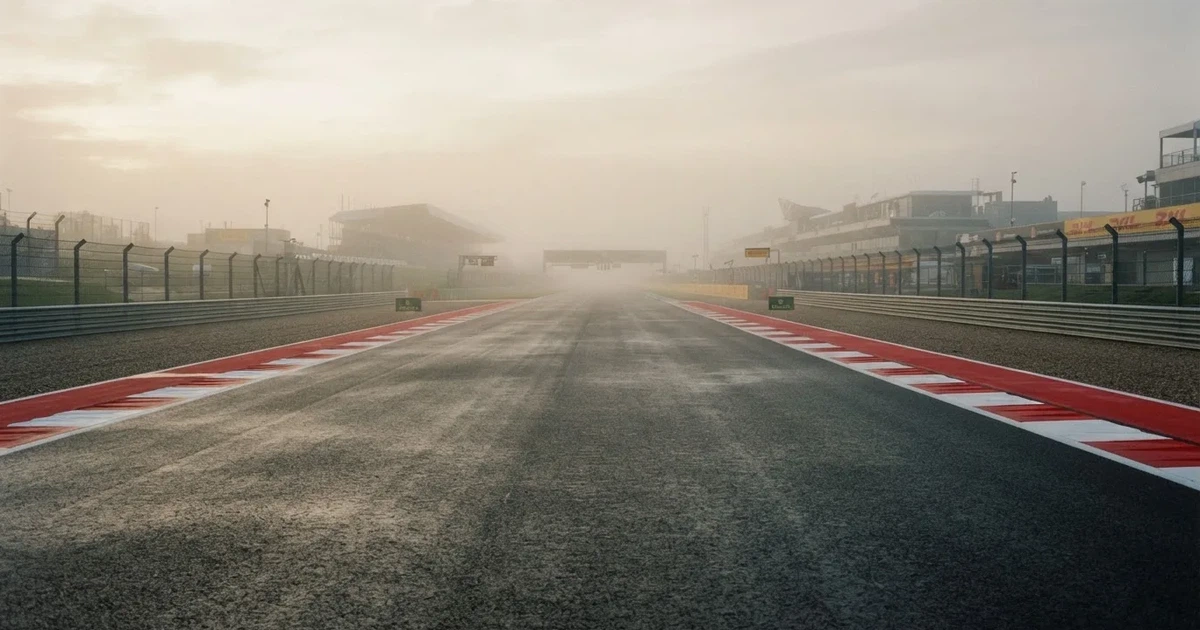 Eine leere Rennstrecke im Morgennebel, Asphalt mit rot-weißen Randsteinen, im Hintergrund Tribünen in der Ferne.