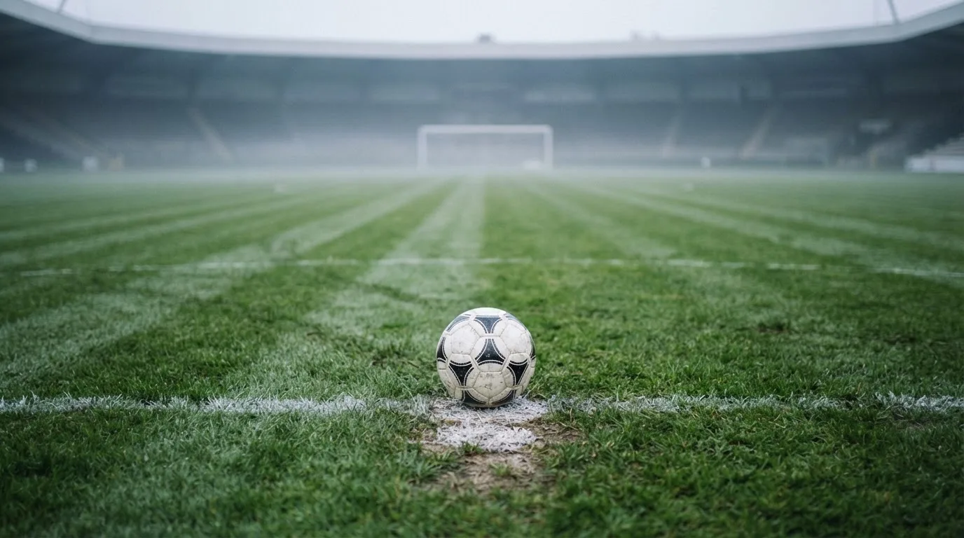 Ein Fußball liegt auf dem Elfmeterpunkt eines leeren Rasenplatzes, im Hintergrund unscharf ein Tor im Morgendunst.