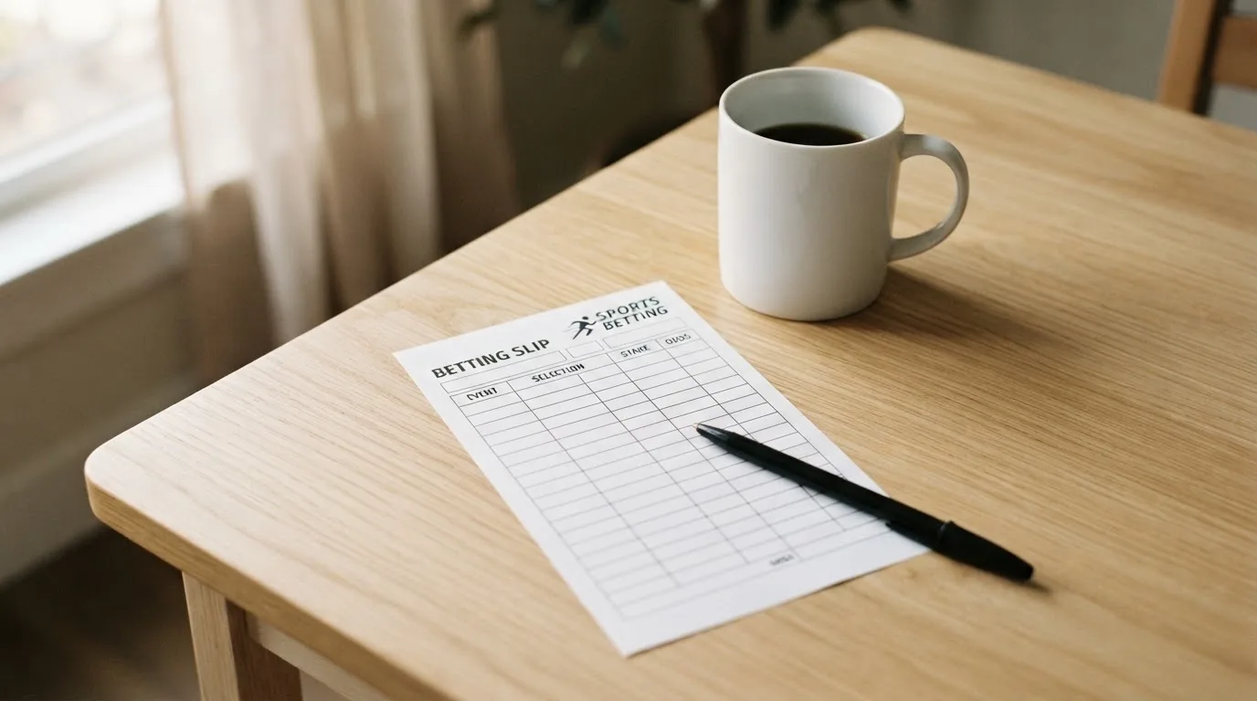 Ein leerer Wettschein aus Papier liegt neben einem Kugelschreiber und einer Tasse auf einem hellen Holztisch.