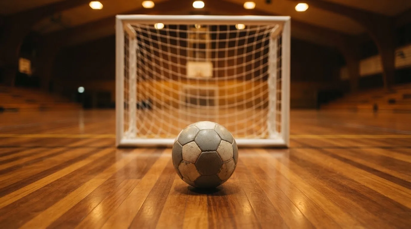 Ein kleiner schwerer Ball liegt in einer Halle auf dem Parkett vor einem Tor, warmes Licht aus den Deckenstrahlern.