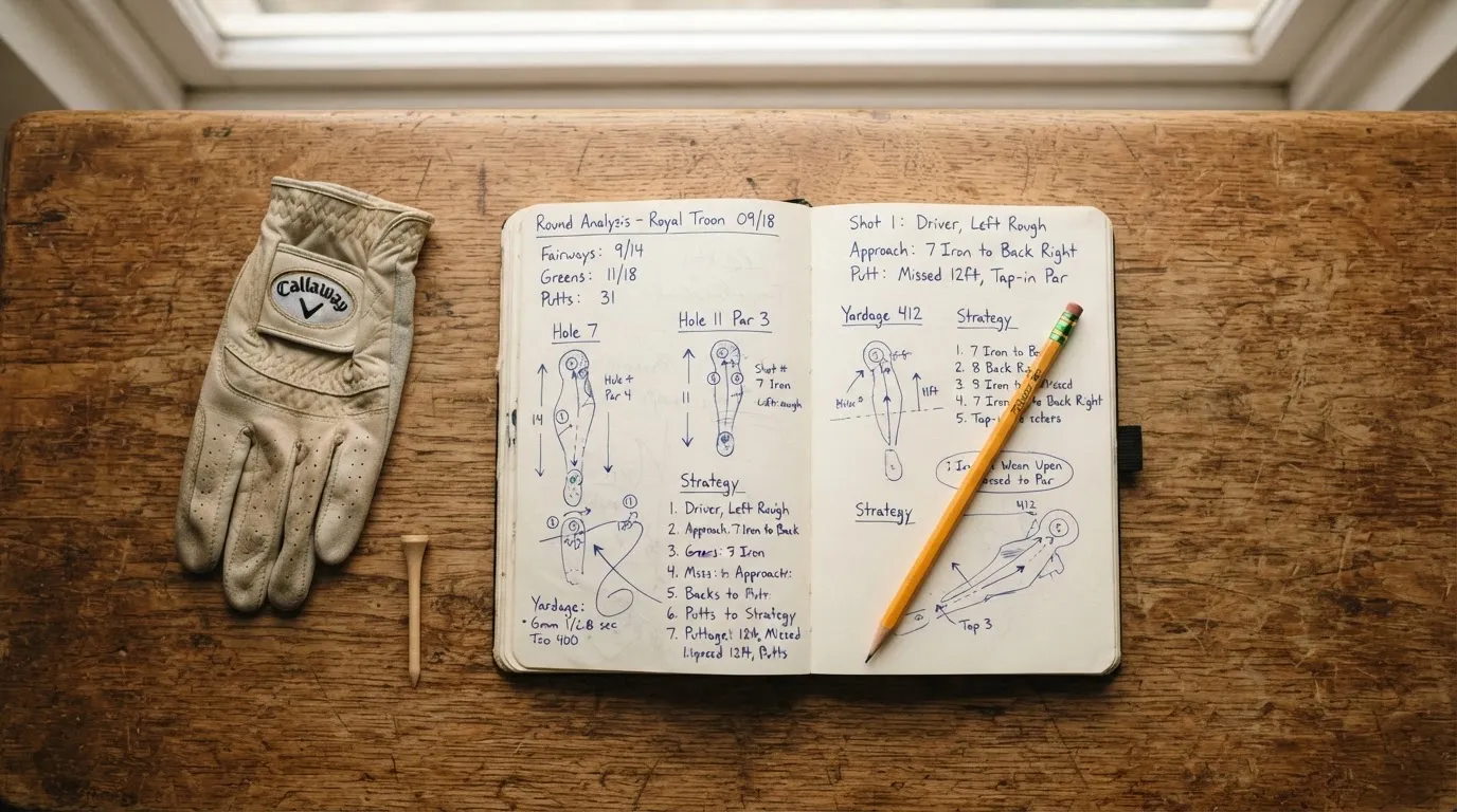 Ein Notizbuch mit handschriftlichen Notizen und ein Bleistift liegen neben einem Golfhandschuh und einem Tee auf einem Holztisch.
