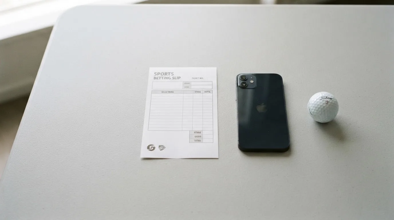Ein leerer Wettschein aus Papier liegt neben einem Smartphone mit dunklem Display auf einem Tisch, daneben ein einzelner Golfball.