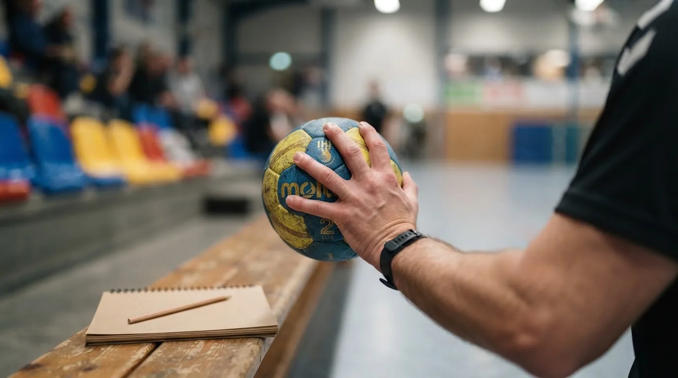 Eine Hand hält einen Handball, im Hintergrund eine unscharfe Tribüne, daneben liegt ein Notizblock auf einer Bank.